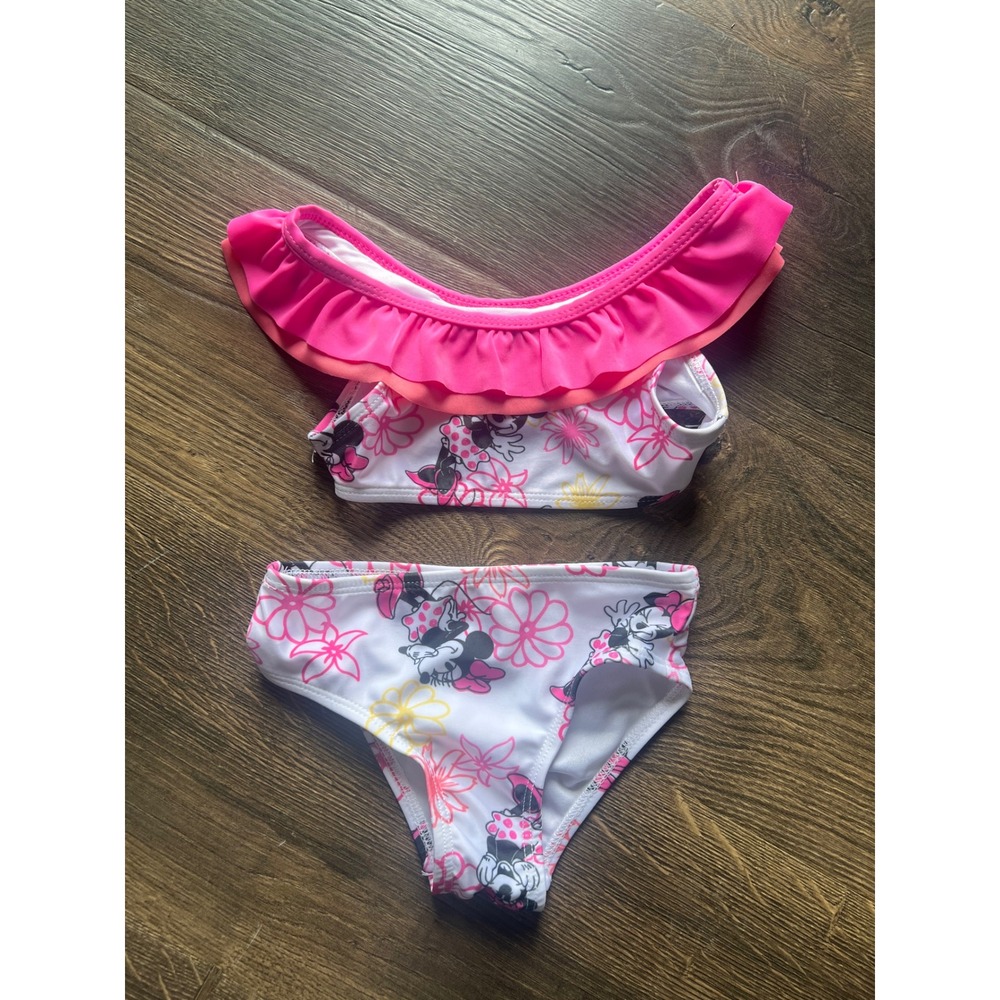 Disney Minnie Mouse Toddler Girls 2T Pink Ruffle Floral Bikini Swimsuit 2 Piece